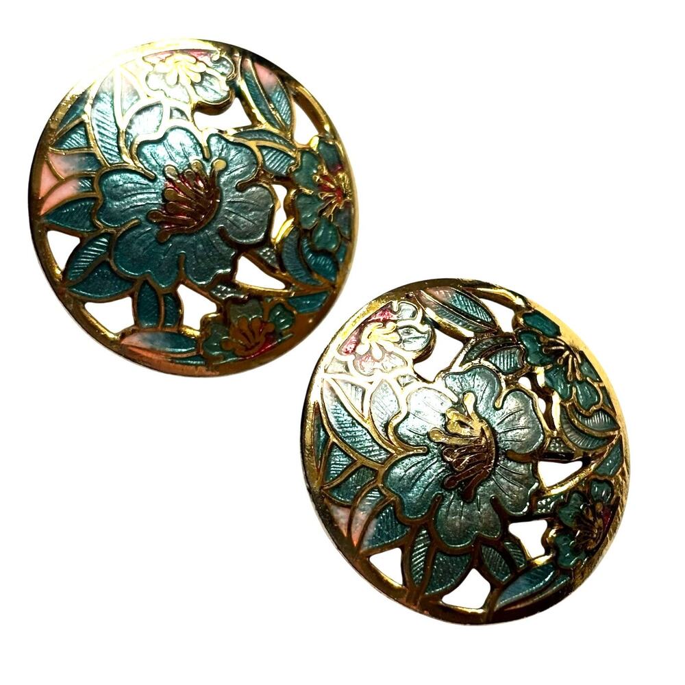 Vintage pierced earrings gold & sage green Cloisonne style enamel finish floral